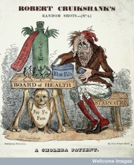 L0003051 A cholera patient experimenting with remedies. Coloured